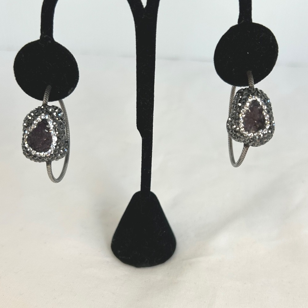 Sterling Silver Hoop Earrings Amethyst Geode Crystal Accent Handmade